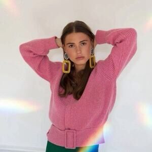 Victoria Beckham Cardigan Sweater Belt Wool Pink V Neck 38 US 2